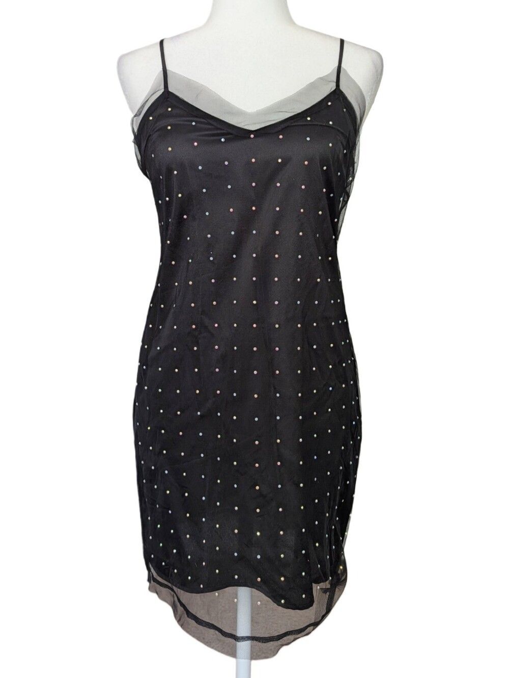Molly Green Womens Black Sheer Metallic Rhinestone Cocktail Slip Dress Medium